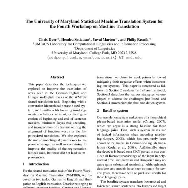 The University of Maryland Statistical Machine Translation System for ...