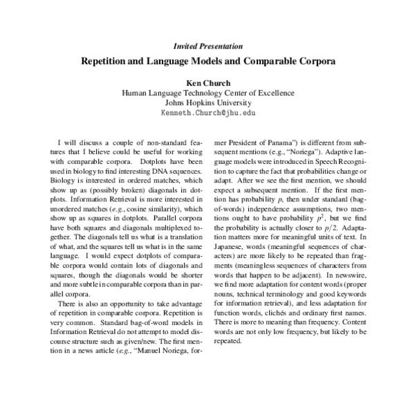 Repetition and Language Models and Comparable Corpora - ACL Anthology