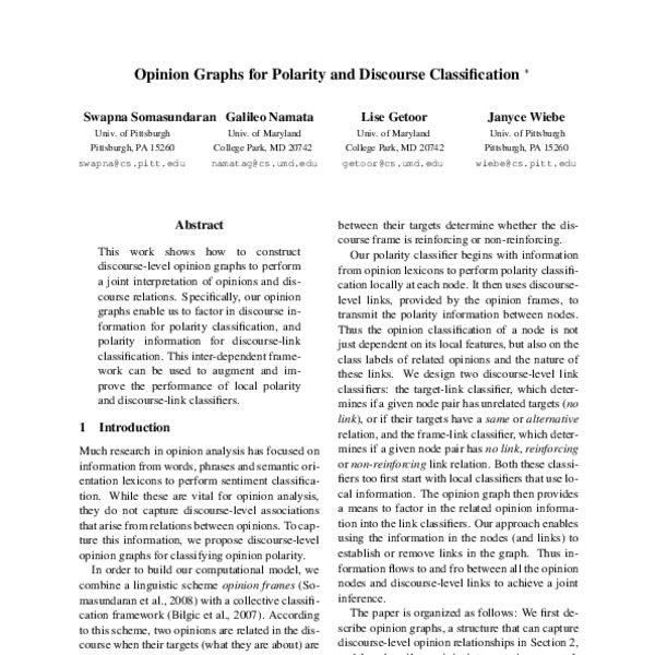 Opinion Graphs for Polarity and Discourse Classification - ACL Anthology