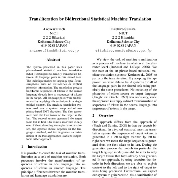 Transliteration by Bidirectional Statistical Machine Translation - ACL ...