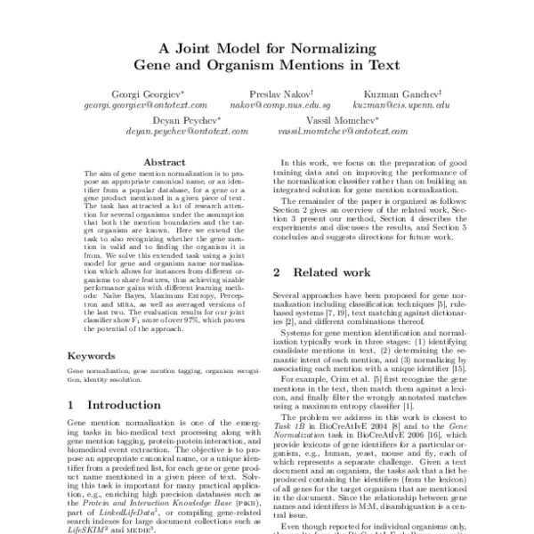 A Joint Model for Normalizing Gene and Organism Mentions in Text - ACL ...