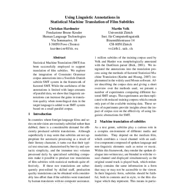 Using Linguistic Annotations in Statistical Machine Translation of Film ...