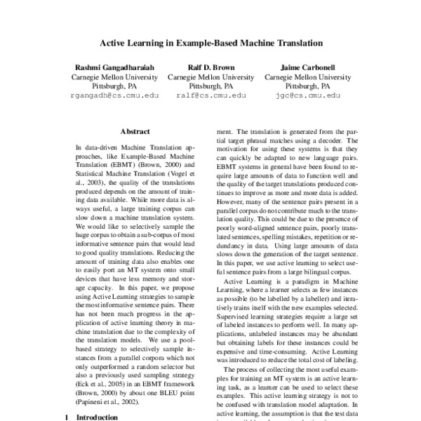 Active Learning in Example-Based Machine Translation - ACL Anthology
