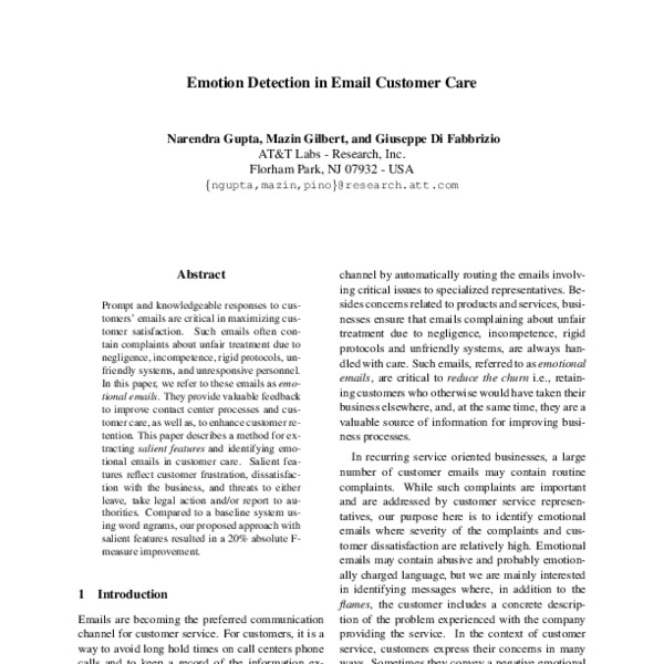 Emotion Detection in Email Customer Care - ACL Anthology