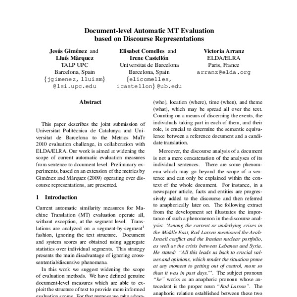 Document-Level Automatic MT Evaluation based on Discourse ...