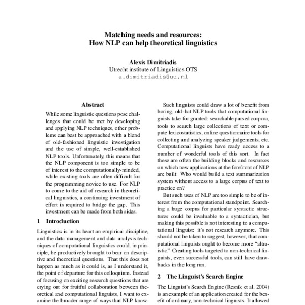 Matching Needs and Resources: How NLP Can Help Theoretical Linguistics ...