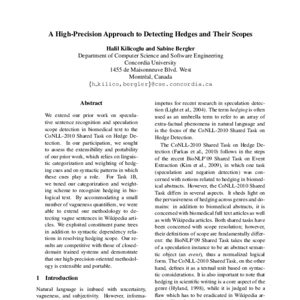 A High-Precision Approach to Detecting Hedges and their Scopes - ACL ...