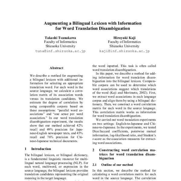 Augmenting A Bilingual Lexicon With Information For Word Translation Disambiguation Acl Anthology