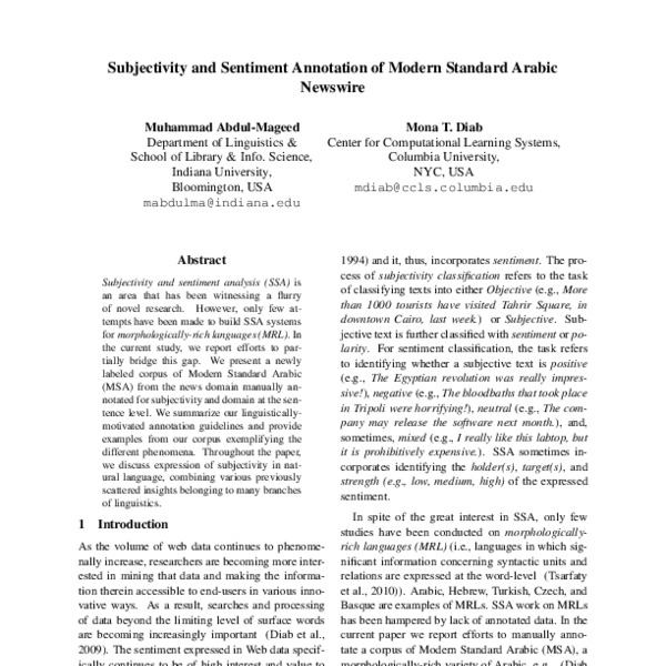 Subjectivity and Sentiment Annotation of Modern Standard Arabic ...