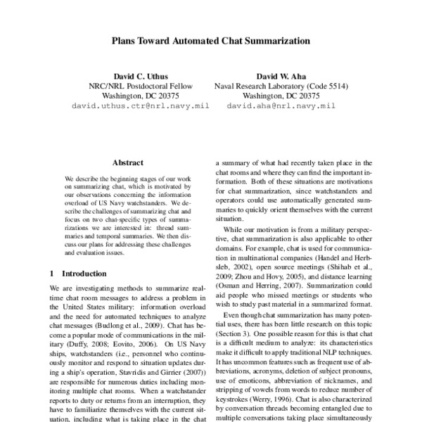 Plans Toward Automated Chat Summarization - ACL Anthology