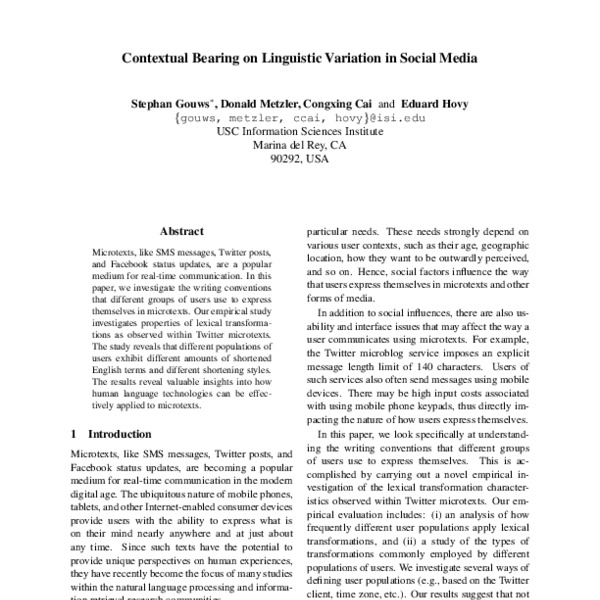 Contextual Bearing on Linguistic Variation in Social Media - ACL Anthology