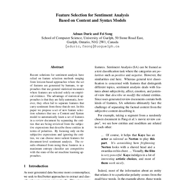 Feature Selection for Sentiment Analysis Based on Content and Syntax ...