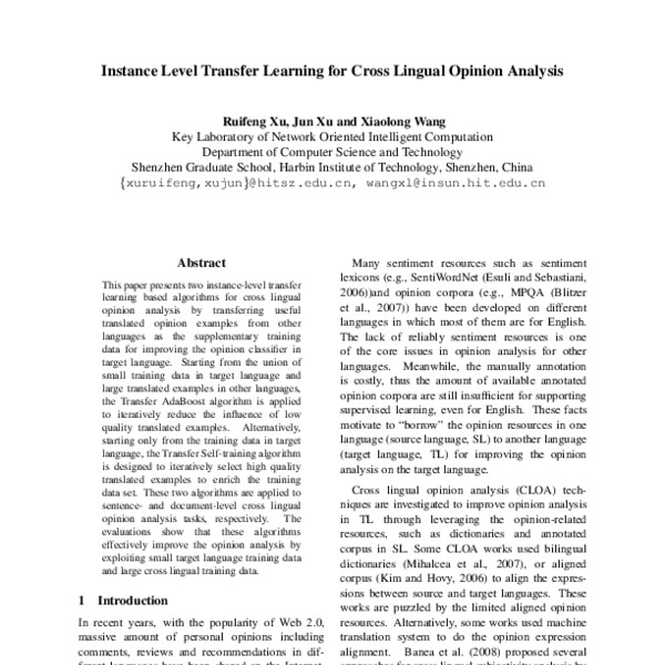 Instance Level Transfer Learning for Cross Lingual Opinion Analysis ...
