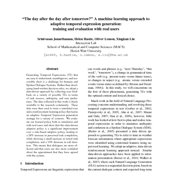 The Day After The Day After Tomorrow A Machine Learning Approach To Adaptive Temporal Expression Generation Training And Evaluation With Real Users Acl Anthology