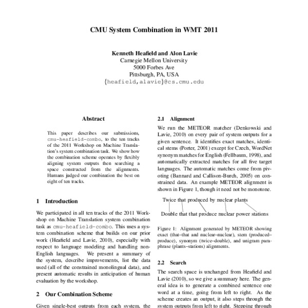 CMU System Combination in WMT 2011 - ACL Anthology