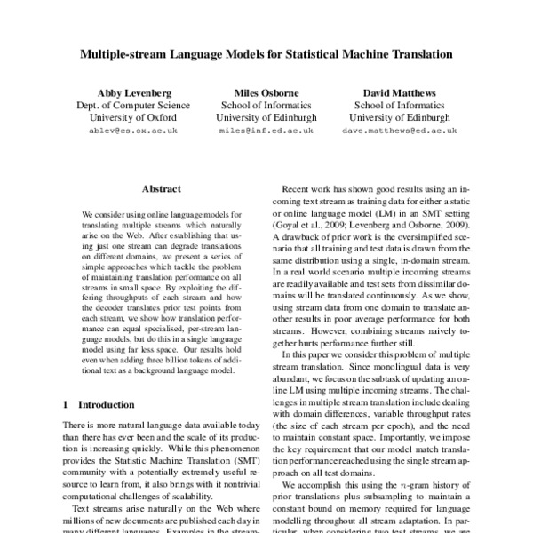 Multiple-stream Language Models for Statistical Machine Translation ...
