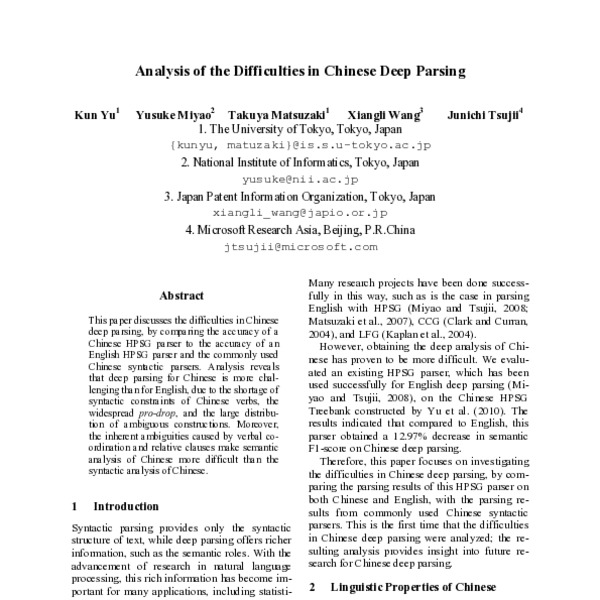 Analysis of the Difficulties in Chinese Deep Parsing - ACL Anthology