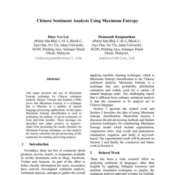 Chinese Sentiment Analysis Using Maximum Entropy Acl Anthology