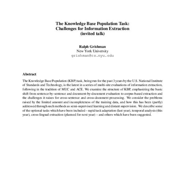 INVITED TALK 1: The Knowledge Base Population Task: Challenges for ...