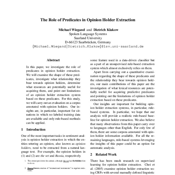 The Role of Predicates in Opinion Holder Extraction - ACL Anthology