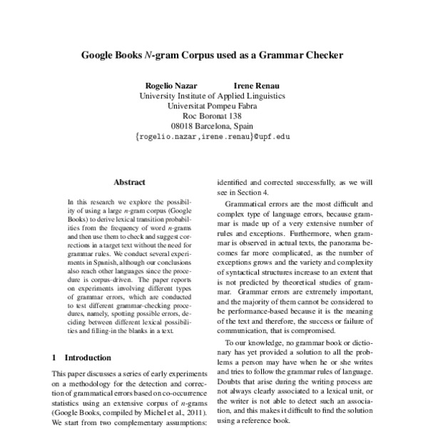 Google Books N-gram Corpus used as a Grammar Checker - ACL Anthology