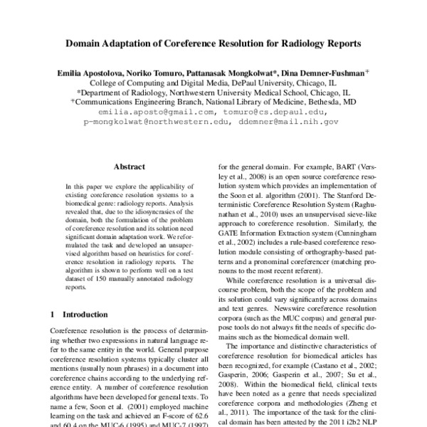 Domain Adaptation of Coreference Resolution for Radiology Reports - ACL ...