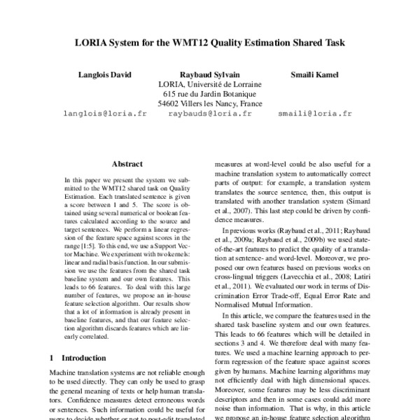 LORIA System for the WMT12 Quality Estimation Shared Task - ACL Anthology