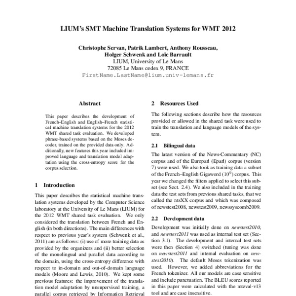 LIUM’s SMT Machine Translation Systems for WMT 2012 - ACL Anthology
