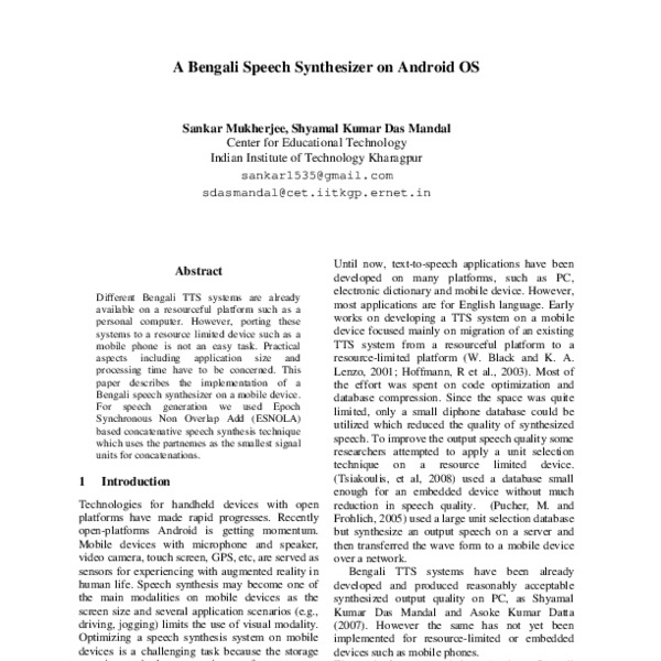 A Bengali Speech Synthesizer on Android OS ACL Anthology