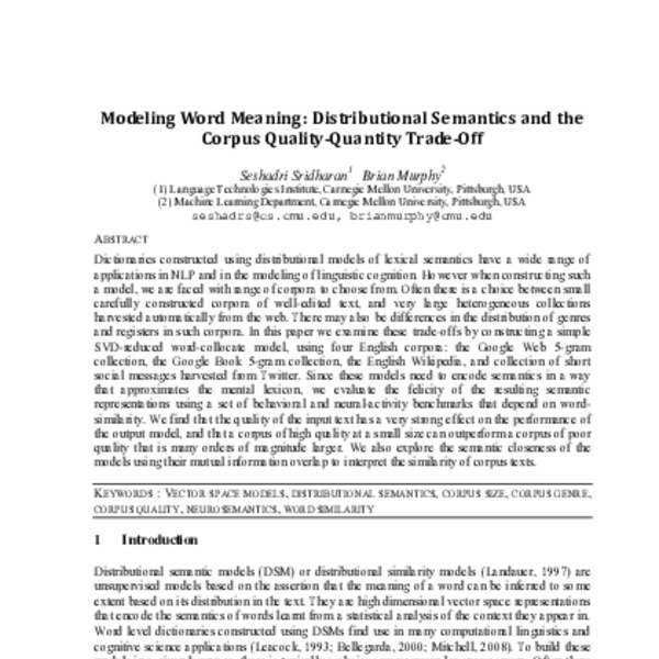 Modeling Word Meaning: Distributional Semantics and the Corpus Quality ...
