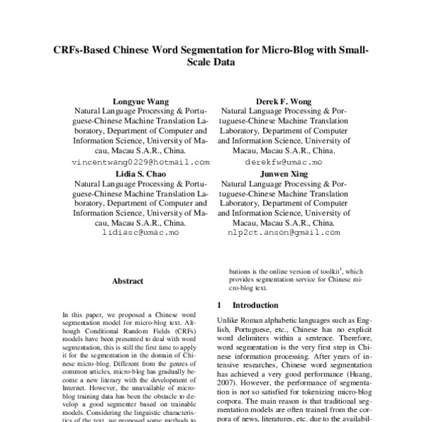 CRFs-Based Chinese Word Segmentation for Micro-Blog with Small-Scale ...