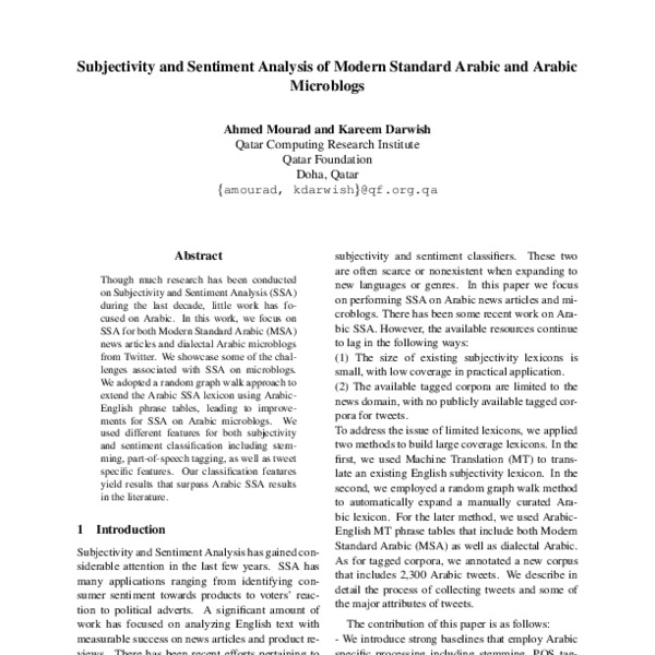 Subjectivity and Sentiment Analysis of Modern Standard Arabic and ...