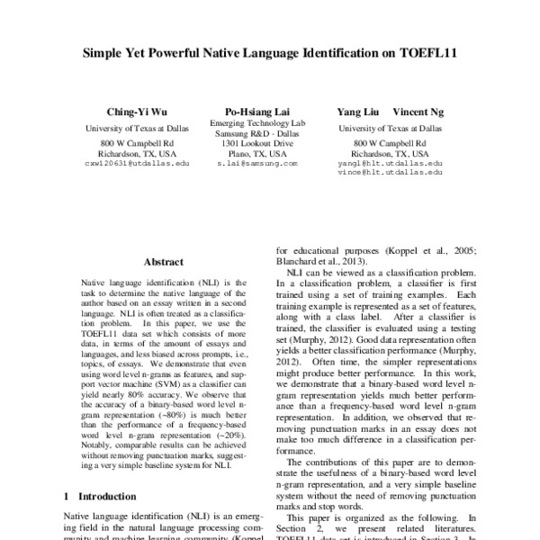 Simple Yet Powerful Native Language Identification on TOEFL11 - ACL ...