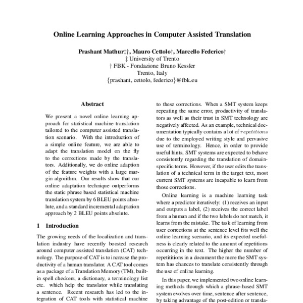 Online Learning Approaches in Computer Assisted Translation - ACL Anthology
