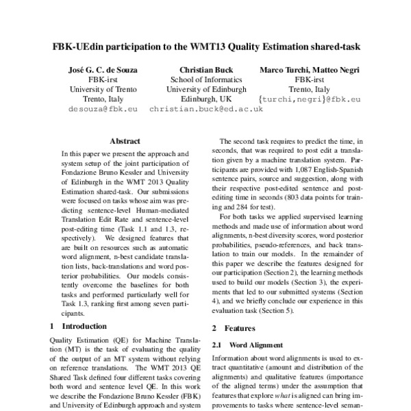 FBK-UEdin Participation to the WMT13 Quality Estimation Shared Task ...