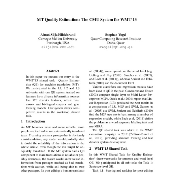 MT Quality Estimation: The CMU System for WMT‘13 - ACL Anthology