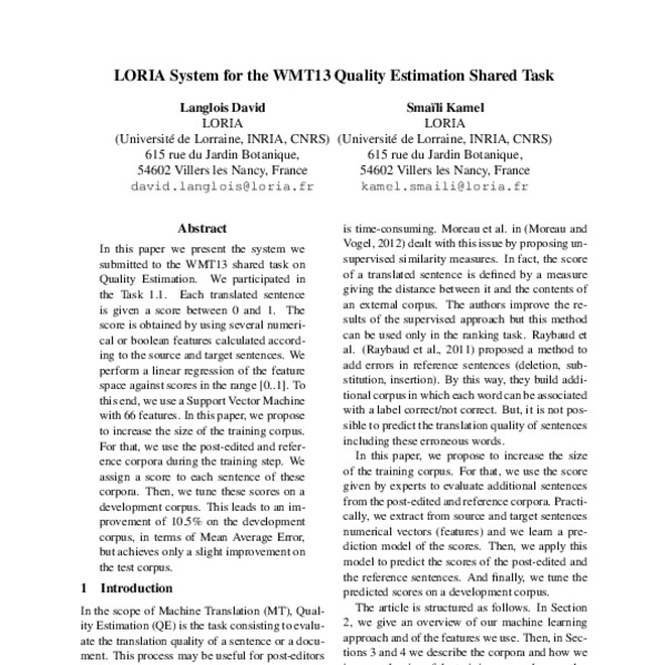 LORIA System for the WMT13 Quality Estimation Shared Task - ACL Anthology