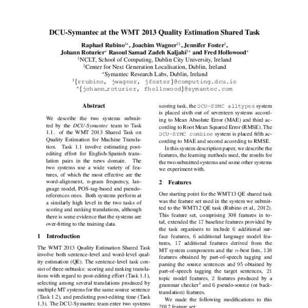 DCU-Symantec at the WMT 2013 Quality Estimation Shared Task - ACL Anthology