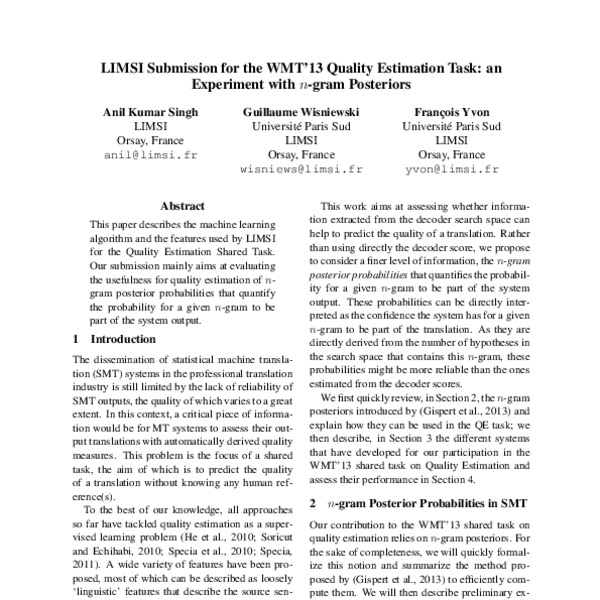 LIMSI Submission for the WMT‘13 Quality Estimation Task: an Experiment ...