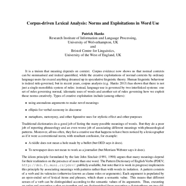 Corpus-driven Lexical Analysis: Norms and Exploitations in Word Use - ACL  Anthology