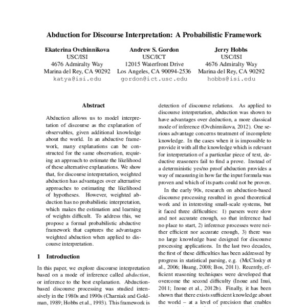 Abduction for Discourse Interpretation: A Probabilistic Framework - ACL ...