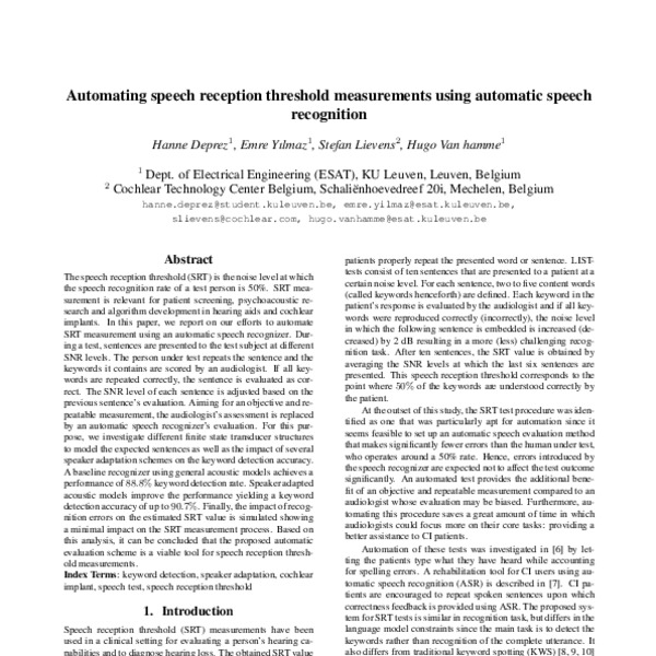 Automating speech reception threshold measurements using automatic ...