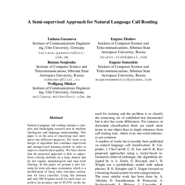 A Semi-supervised Approach for Natural Language Call Routing - ACL ...