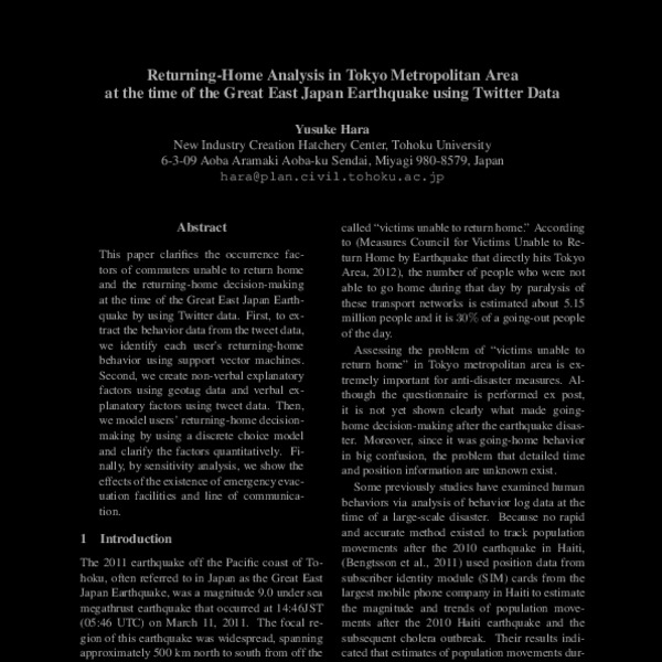 Returning Home Analysis In Tokyo Metropolitan Area At The Time Of The Great East Japan Earthquake Using Twitter Data Acl Anthology