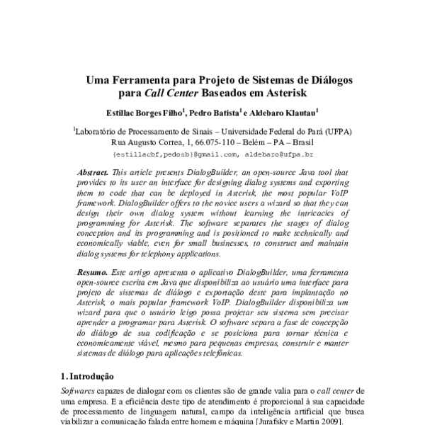 Uma Ferramenta para Projeto de Sistemas de Diálogos para Call Center