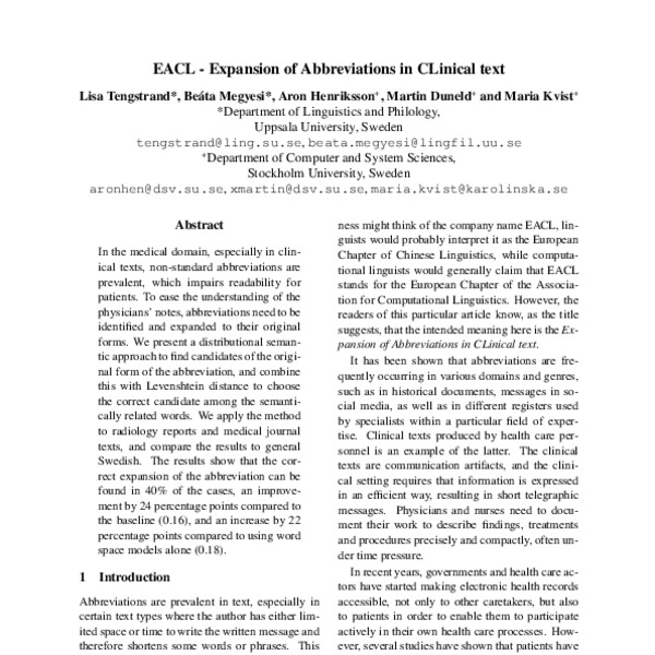 EACL - Expansion of Abbreviations in CLinical text - ACL Anthology