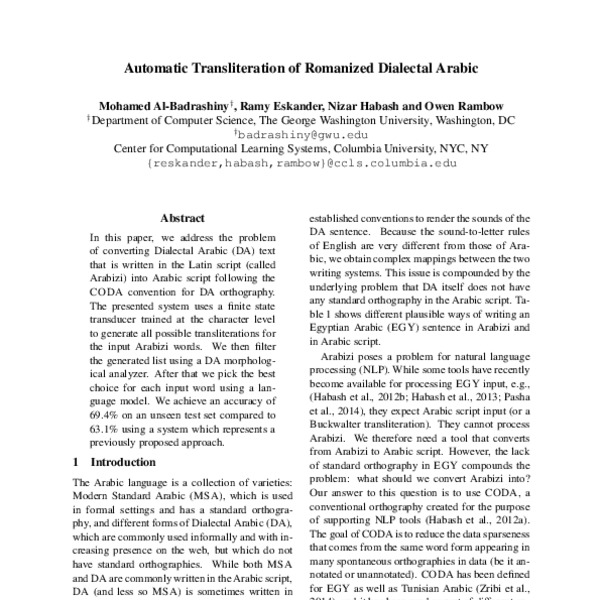 Automatic Transliteration Of Romanized Dialectal Arabic Acl Anthology