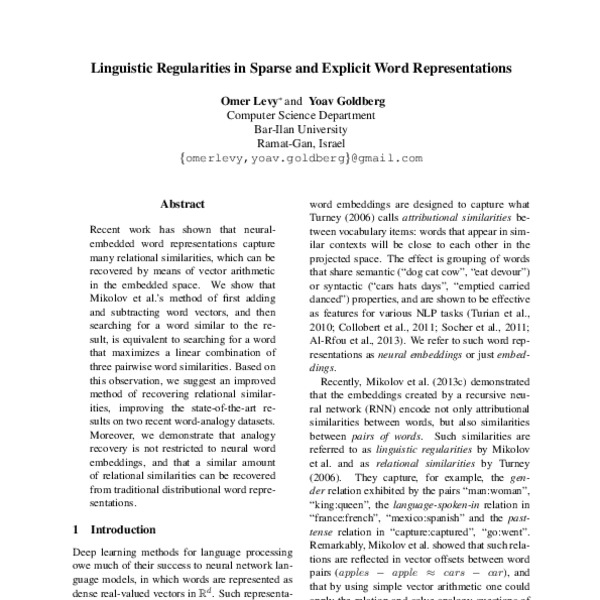 Linguistic Regularities In Sparse And Explicit Word Representations Acl Anthology
