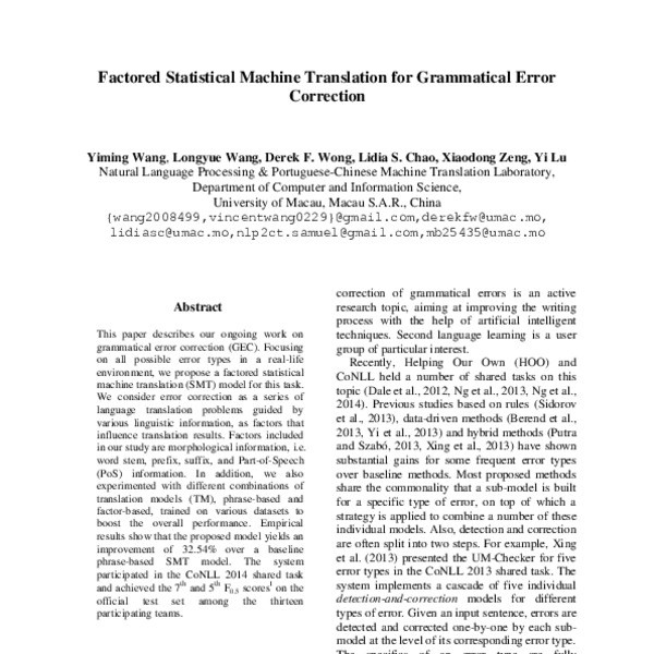 Factored Statistical Machine Translation for Grammatical Error ...