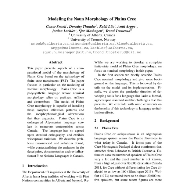 Modeling The Noun Morphology Of Plains Cree - ACL Anthology